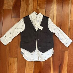 Gymboree Charcoal Vest with White Printed Button-Up Shirt